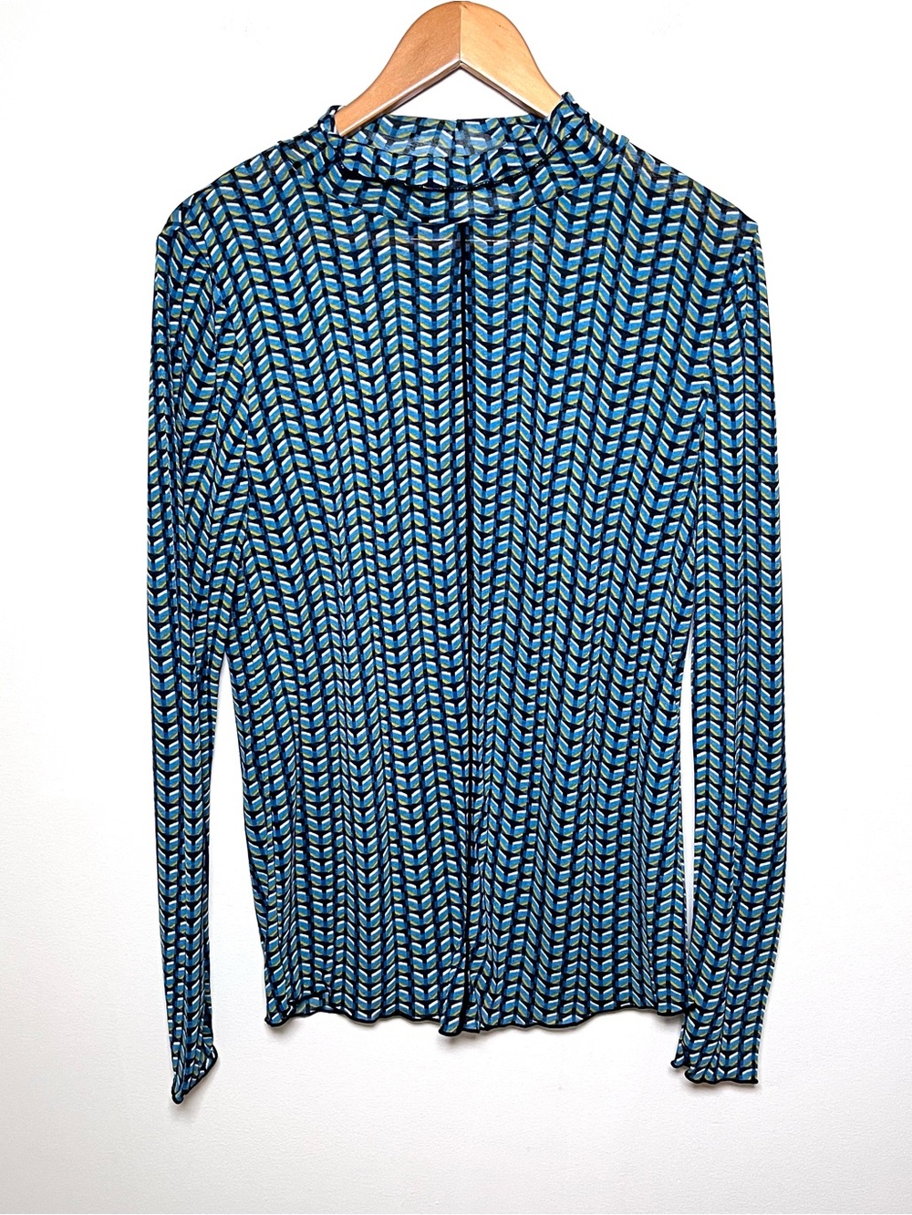 Daily Practice Anthropologie Mesh Mock Neck Top Size Large Blue Geometric Print